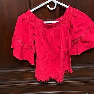 Lush Red Off-Shoulder Blouse with Pom-Pom Trim